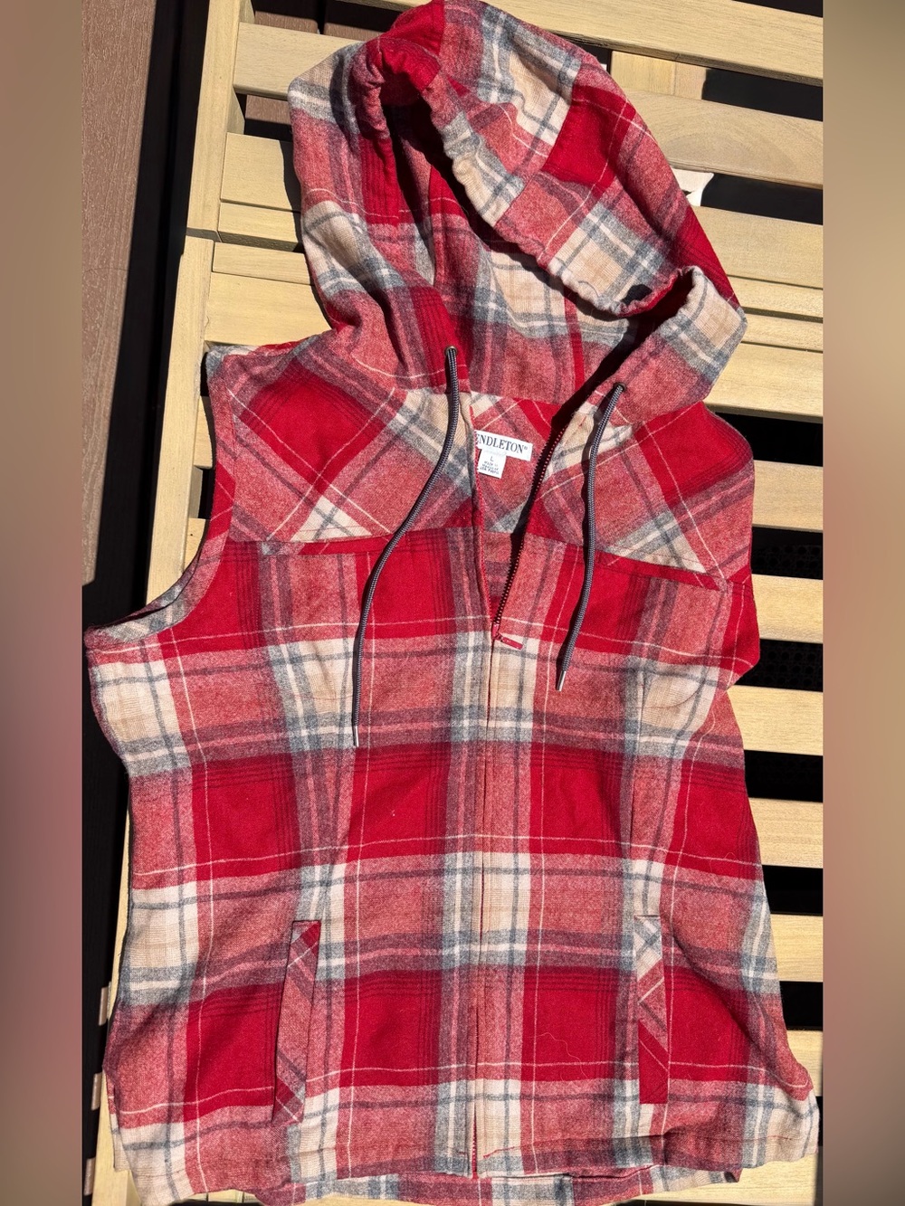 Pendleton 100% Wool Red and Gray Plaid Hooded Vest